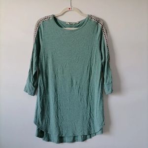 Soft Surroundings Women's Teal Blue Lace Trim Sleeve Pullover Tunic T-Shirt